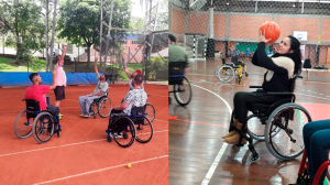 Duas imagens, a primeira é composta por quatro homens do Programa de Habilidades em Cadeira de Rodas em cadeiras de rodas erguendo uma bolinha de tênis na mão, junto a um quarto homem em pé, o grupo se encontra em uma quadra de esportes.
A segunda imagem é composta por uma mulher participante do Programa de Habilidades em Cadeira de Rodas com uma cadeira de rodas erguendo uma bola de basquete dentro de um ginásio de esportes.